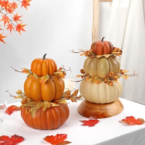 Artificial Pumpkin Fall Décor - Autumn Table Centerpiece with Faux Berries & Maple Leaves - Color #5