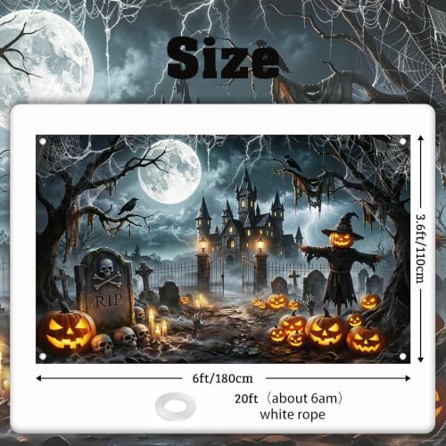 Avezano Halloween Banner 6x3.6ft Spooky Haunted Graveyard Backdrop - Creepy Halloween Decorations