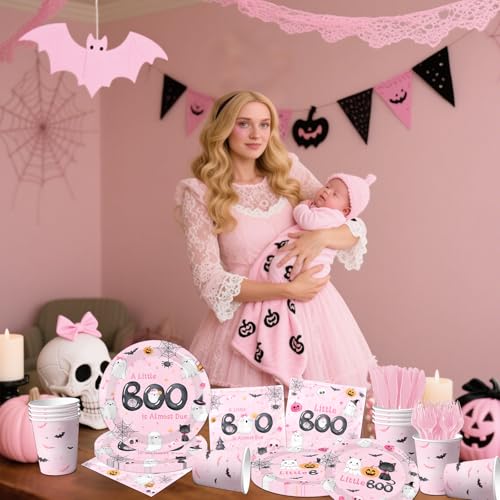 Pink Halloween Baby Shower Dinnerware Set - Plates Napkins Cups for Girl Party, 144pcs
