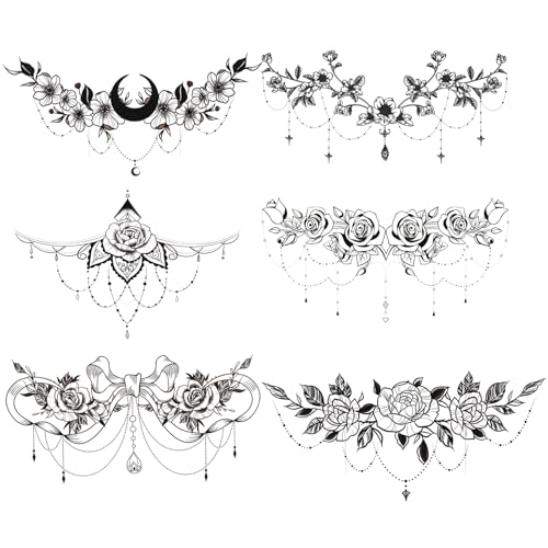 Large Waterproof Floral Moon Rose Temporary Tattoos for Women - 6 Pack