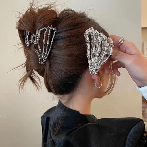 Halloween Hair Clips Skeleton Hand Claw Clips for Thick Hair Black Silver Set