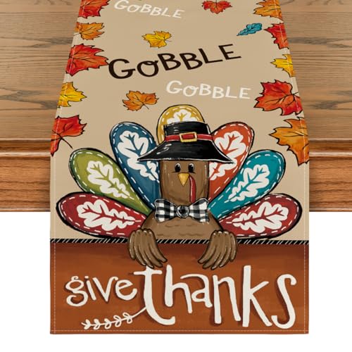 Turkey Give Thanks Thanksgiving Table Runner 13x72 Inch Fall Autumn Kitchen Decor Brown