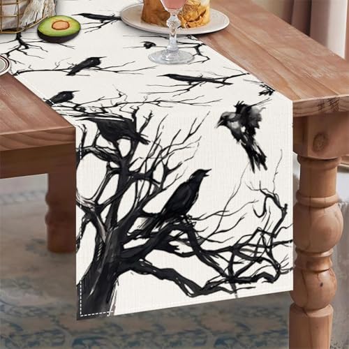 Halloween Black Linen Table Runner 13x72 Inch for Dining & Kitchen Decor - Crow & Branch Pattern
