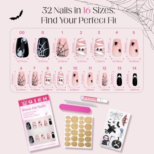 Halloween Glow in the Dark Spider Press-On Nails - Medium Coffin Style, 32 Pieces - Variation 1
