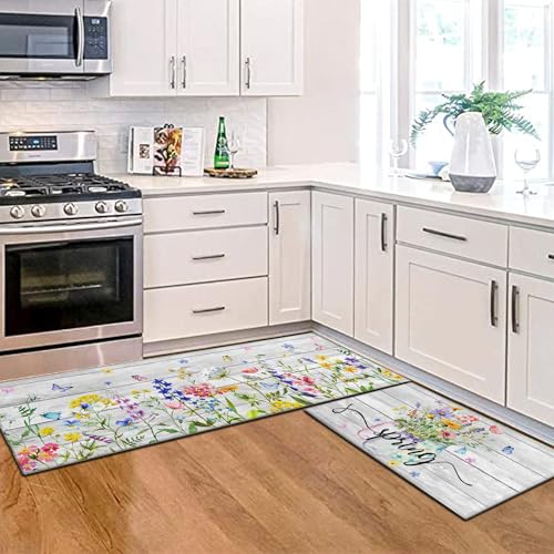 Spring Kitchen Rug Set of 2 Non-Slip Washable Floral & Wood Grain Mats - Spring