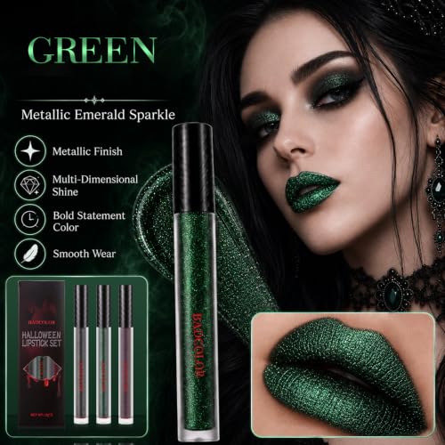 Liquid Lipstick Set - Black Green Purple Glitter Matte Long-Lasting for Halloween