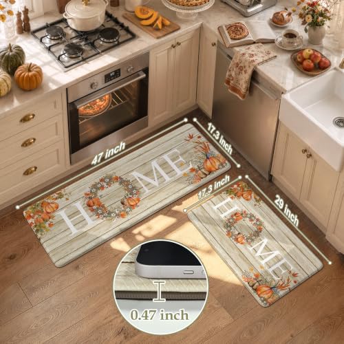 Fall Kitchen Mat Set of 2 - Anti-Fatigue Cushioned Rugs with Pumpkin Pattern, 17.3 x 47 & 17.3 x 29 Inches, Orange