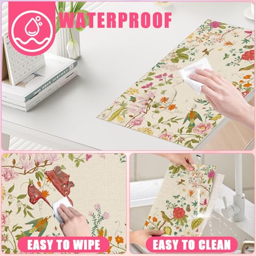 Vintage Floral Bird Placemat Set of 6 - Spring Summer Linen Table Mats, Washable & Stain-Resistant