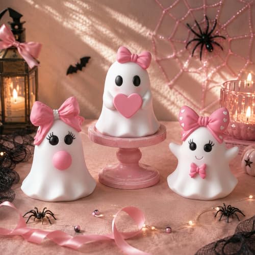 Pink Halloween Ghost Figurines Set - Bow Style, Resin, 3 Pieces