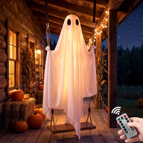 Large 6FT White Swinging Ghost Halloween Yard Decor with 8 Light Modes & Timer