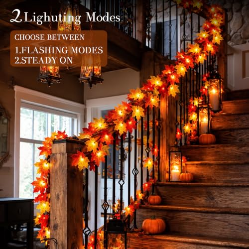 Lighted Fall Garland with 4-Color Maple Leaves - 20ft Battery-Operated Halloween Thanksgiving Decor - 2 Pack