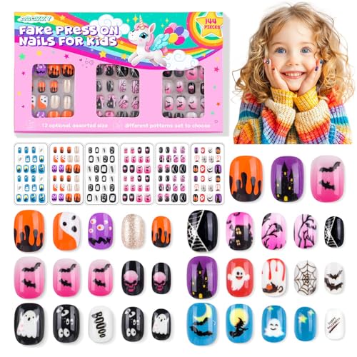 Kids Press On Nails Set with Halloween Pattern - 144 Fake Nail Tips for Girls, Short & Full Cover
