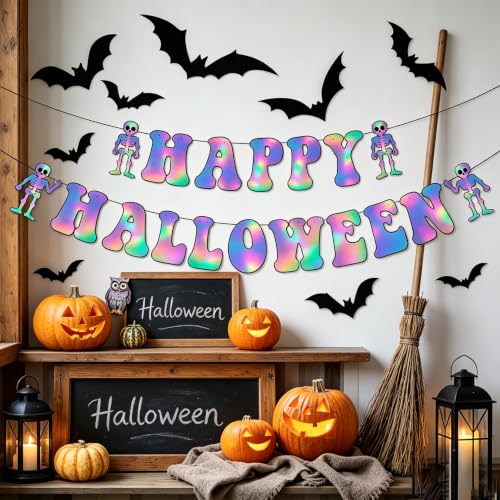 Halloween Party Banner and 3D Bat Decorations - Iridescent & Holographic Set