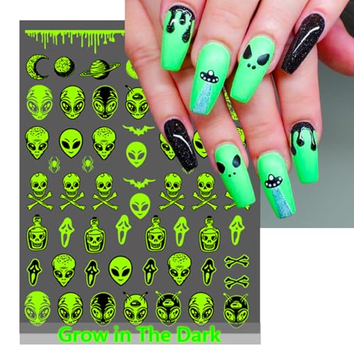 Glow in the Dark Alien Nail Art Stickers - ET UFO Space Manicure Decals, 6 Sheets