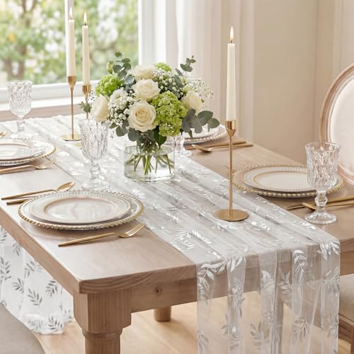 Silver Leaves White Gauze Table Runner 28x120 Inch Holiday Wedding Decor - Variation of 28" x 120" / White Silver
