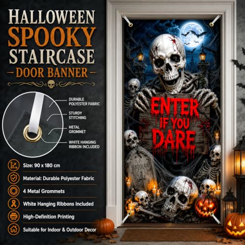 Halloween Door Cover Decorations - Graveyard Skeleton Spooky Night - Large 79 x 35 Inches