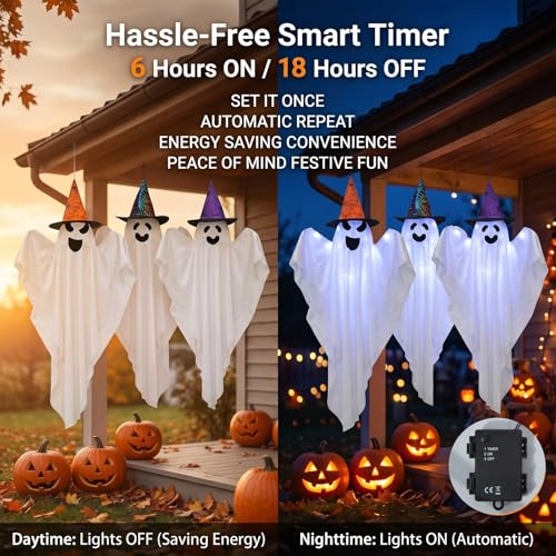 3ft Lighted Hanging Ghost Decorations with Hats - Outdoor Halloween Ghosts Set of 3 with 45 LEDs
