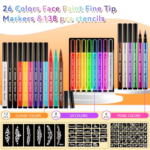 Face Painting Markers Set - 26 Colors with Stencils, Glitter & Neon for Kids & Adults