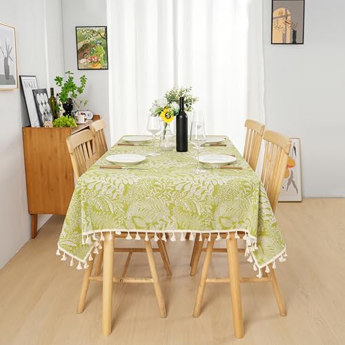 Dimatic Green Botanical Leaf Tablecloth - 55x71 Inch Rectangular Boho Cotton Linen with Tassels