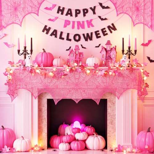 Pink Halloween Mantel Scarf Decoration Indoor Lace Spider Web Festive Decor