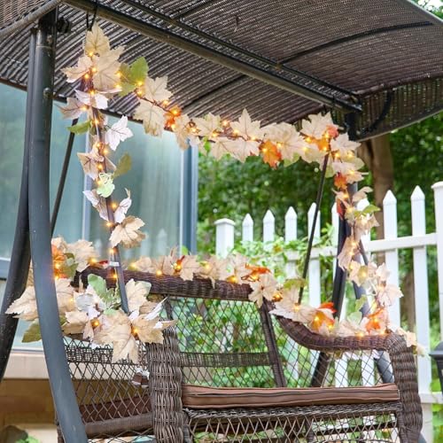 9Ft Connectable Lighted Fall Garland with 50 Incandescent Bulbs - Indoor Outdoor Thanksgiving Decor