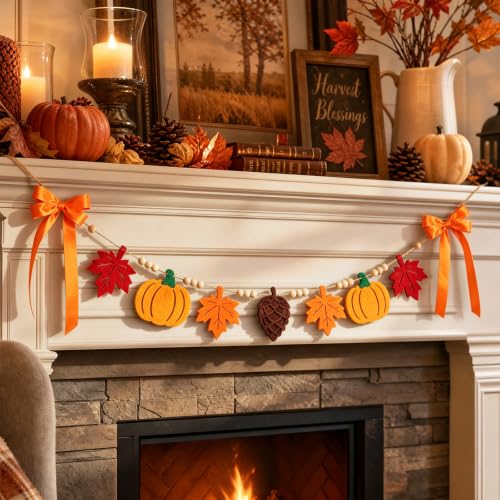 Fall Bow Garland with Acorns and Maple Leaves for Autumn Home Decor