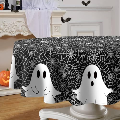 Black 70-Inch Halloween Round Tablecloth Spooky Ghost Spider Web Washable