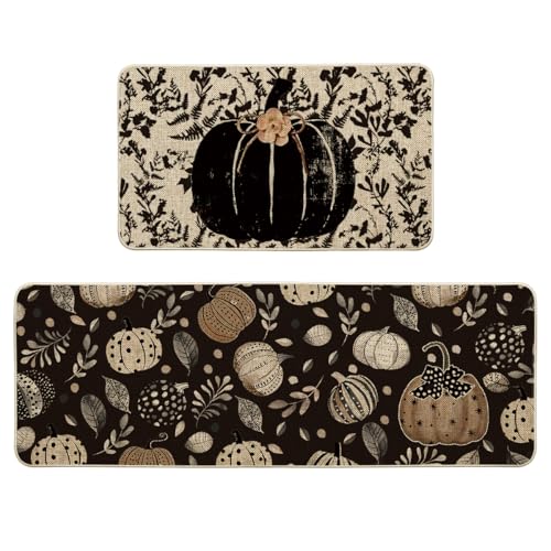 Black Pumpkin Fall Kitchen Mats Set of 2 - 17x29 and 17x47 Inches