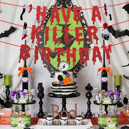 Halloween Birthday Banner with Red Glitter Dripping Blood Design - Spooky Wall Decor