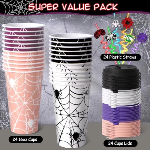 Spider Web Party Cups with Lids & Straws - 24 Pack for Halloween & Kids Birthday