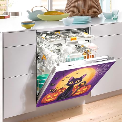 Halloween Pumpkins Cat Dishwasher Magnet Cover Bats Spider Web Full Moon - Magnetic Kitchen Decor - 23x26 inch - Pumpkin Cat Variation
