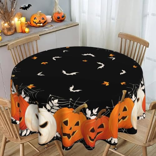 Halloween Round Tablecloth 60x60 Inch Pumpkin Ghost Holiday Decor - Black