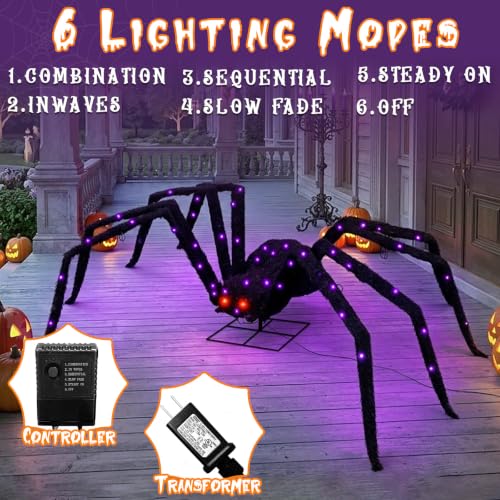 Giant Outdoor Halloween Spider Decoration 4.3ft Lighted Black Spider with 6 Modes & 100 LED Lights
