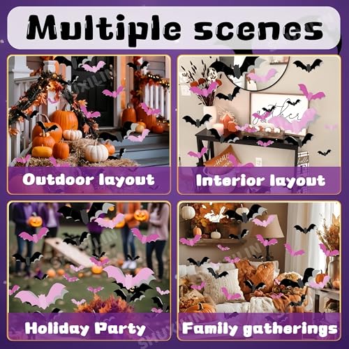 Halloween 3D Bat Wall Decals Set - Removable Pink & Black Bat Stickers for Indoor & Outdoor Decor - Variation: Bat