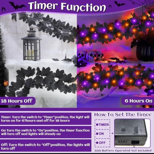 Black Halloween Garland with Orange Purple Lights 3 Pack - Timer Function