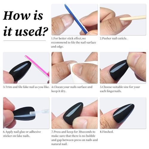 Lifextol Black Almond Press On Nails Medium Length - 240pcs Fake Nails with Glue & Tabs