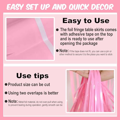 Macaron Pink Foil Fringe Table Skirts - 3 Pack Party Decor Streamers, 29x108 Inches