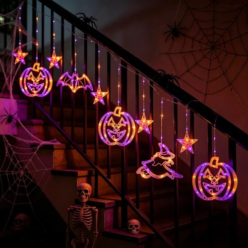 BeePeep Halloween Window Lights Decorations - Orange & Purple Curtain LED Set - 8.5FT with Remote & Timer