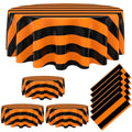 Black and Orange Striped Carnival Tablecloth - 6 Pcs, 84-Inch Round Disposable Linens - Party Decor
