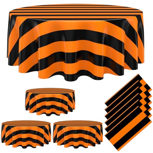 Black and Orange Striped Carnival Tablecloth - 6 Pcs, 84-Inch Round Disposable Linens - Party Decor