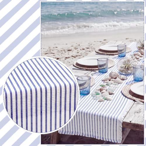 Blue Striped Table Runner 71x12 Inch Rustic Fringe Cotton Linen Decor