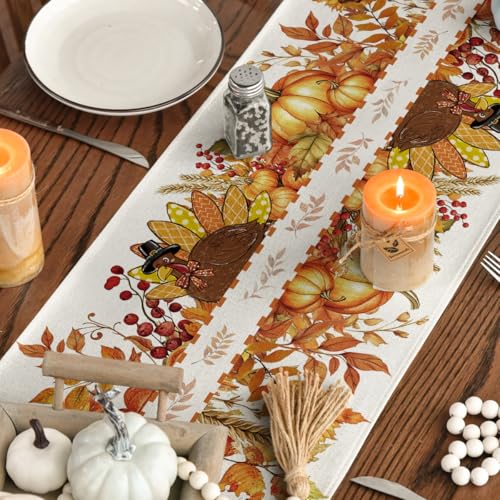 Sunflower Turkey Leaves Thanksgiving Table Runner 13x108 Inch - Beige Fall Decor