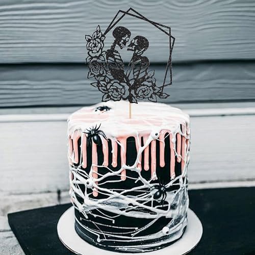 Halloween Skull Wedding Cake Topper with Floral Frame - Gothic Celebration Decoration