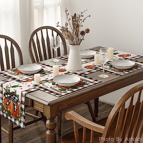 Pumpkin Buffalo Plaid Place Mats & Table Runner Set - Fall Decor 6 Pcs