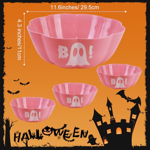 Pink Halloween Candy Bowl Set - Reusable Plastic Pumpkin Trick or Treat Bowls, 11.6x4.3 Inches