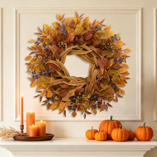 Orange Fall Wreath for Front Door - 26 Inch Eucalyptus Berry Decor