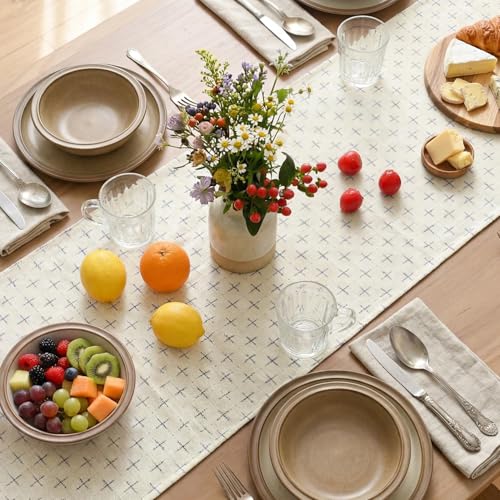 White Cross-Star Textured Table Runner 13x72 Inch - Seasonal Waterproof Rustic Home Decor
