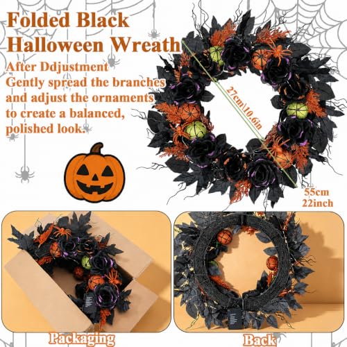 22-Inch Pre-Lit Halloween Wreath with 60 LED Lights for Front Door Decor