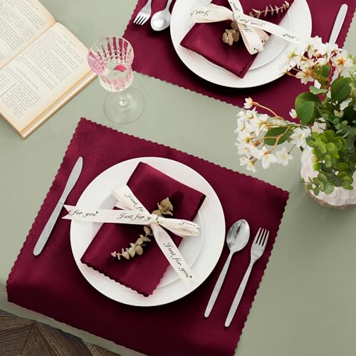 Set of 100 Burgundy Satin Scalloped Napkins 17x17 Inches for Wedding & Party