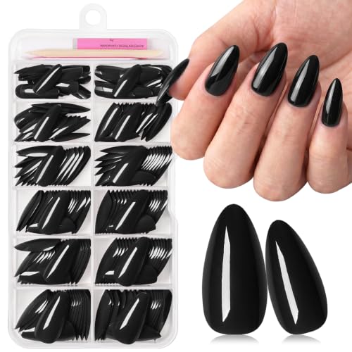LuckForever Medium Almond Press On Nails - Black Fake Nails with Glue Tabs